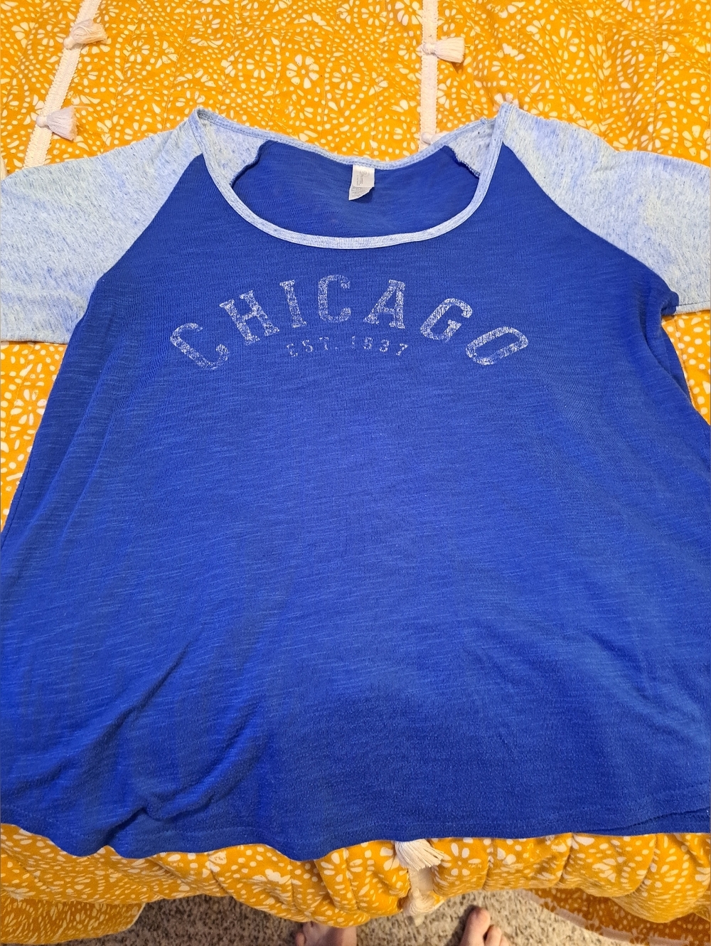 PIMATEE Women’s Blue and Light Gray Chicago 3/4 sleeves Raglan Tee